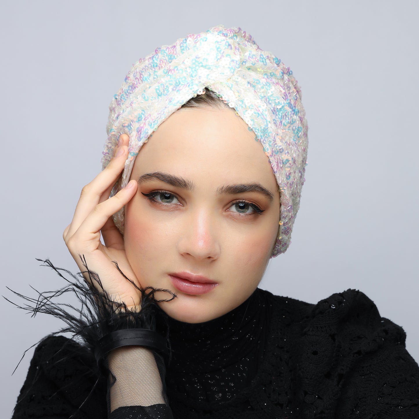 White Rainbow Sequin Turban